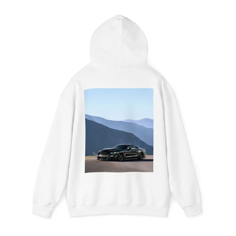 Black Ford Mustang Parked Against Mountain Backdrop – Hoodies