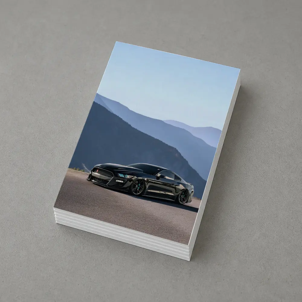 Black Ford Mustang Parked Against Mountain Backdrop – Postcards