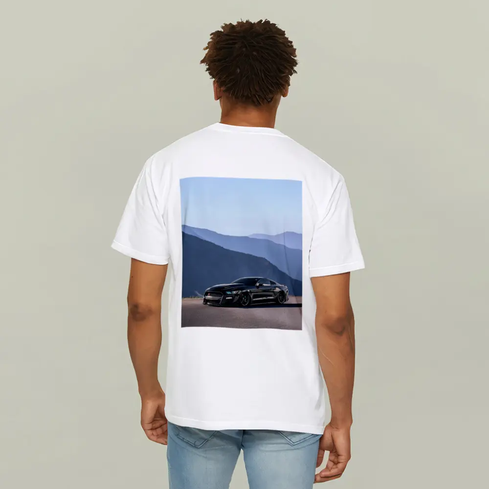 Black Ford Mustang Parked Against Mountain Backdrop – T-Shirts