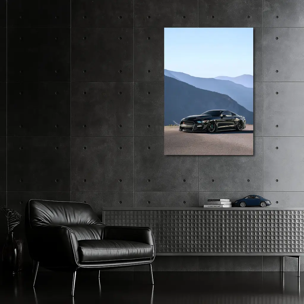 Black Ford Mustang Parked Against Mountain Backdrop – Wall Art