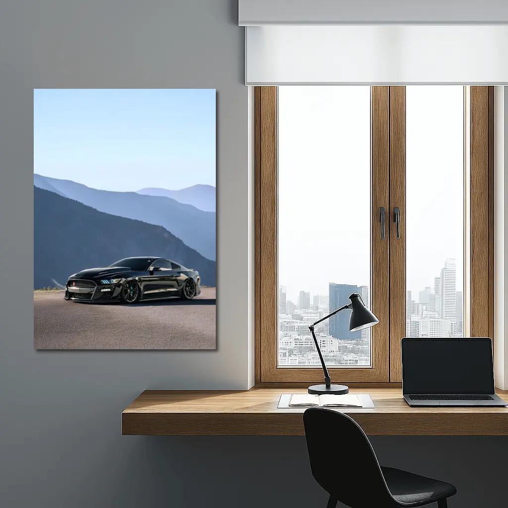 Black Ford Mustang Parked Against Mountain Backdrop – Wall Art