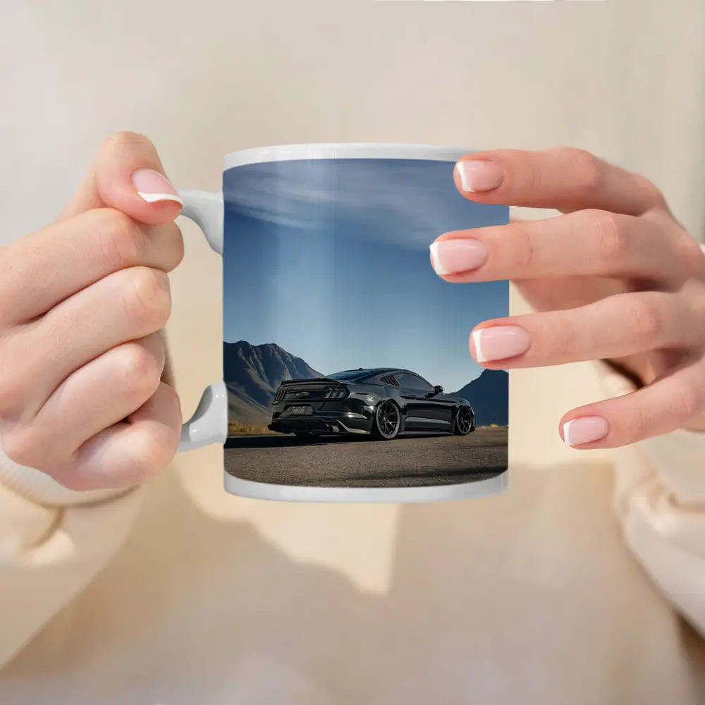 Black Ford Mustang Parked Mountain Road – Mugs