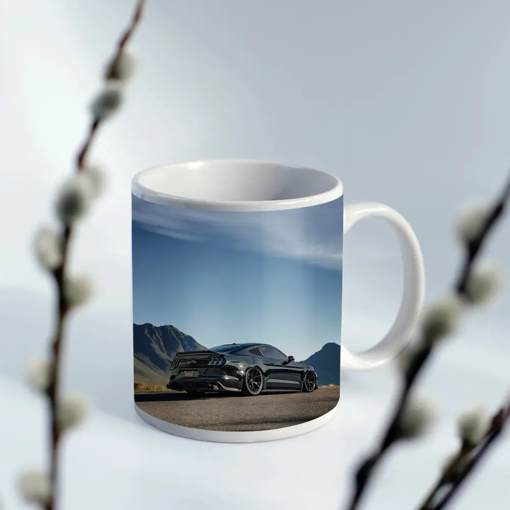 Black Ford Mustang Parked Mountain Road – Mugs