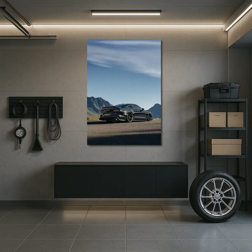 Black Ford Mustang Parked Mountain Road – Wall Art