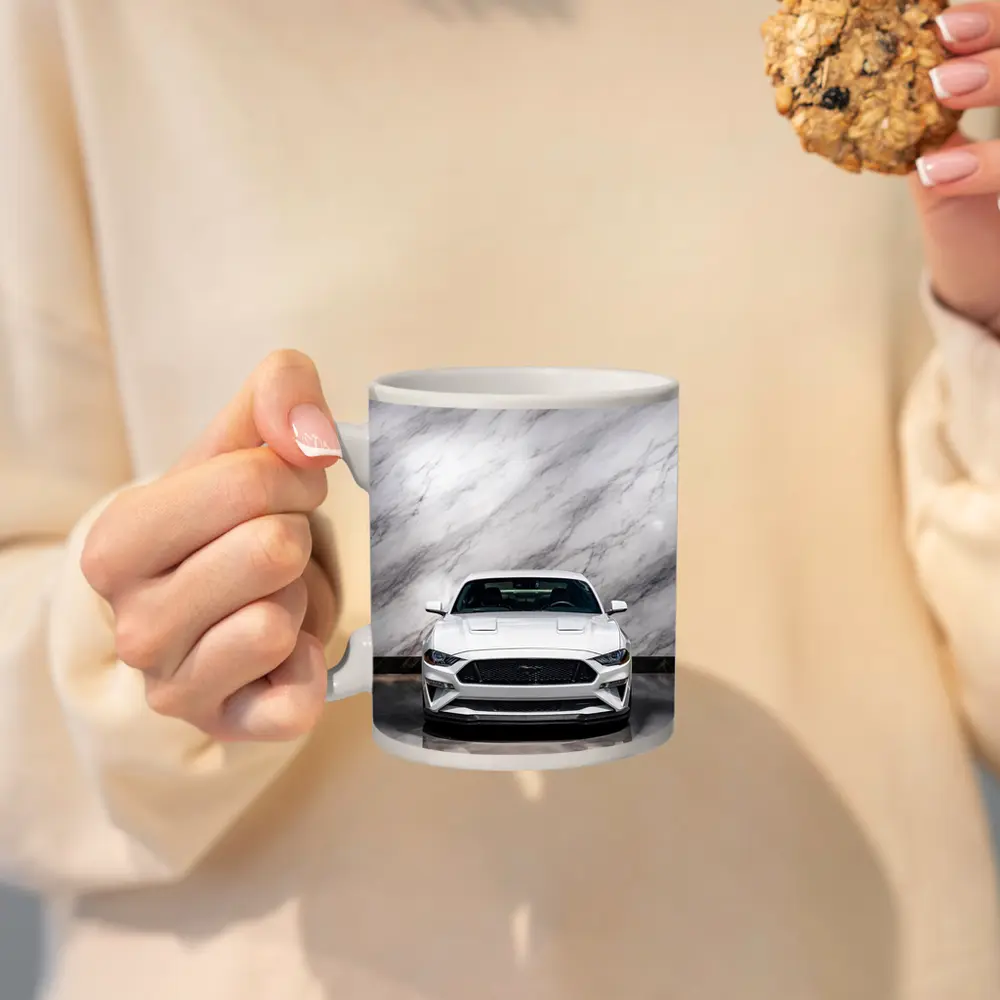 Ford Mustang White Marble Background Front View – Mugs