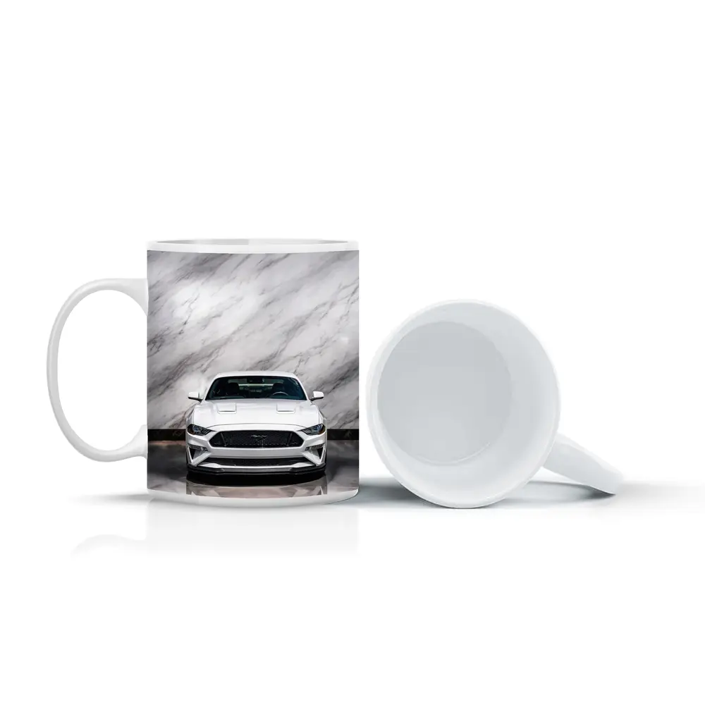 Ford Mustang White Marble Background Front View – Mugs