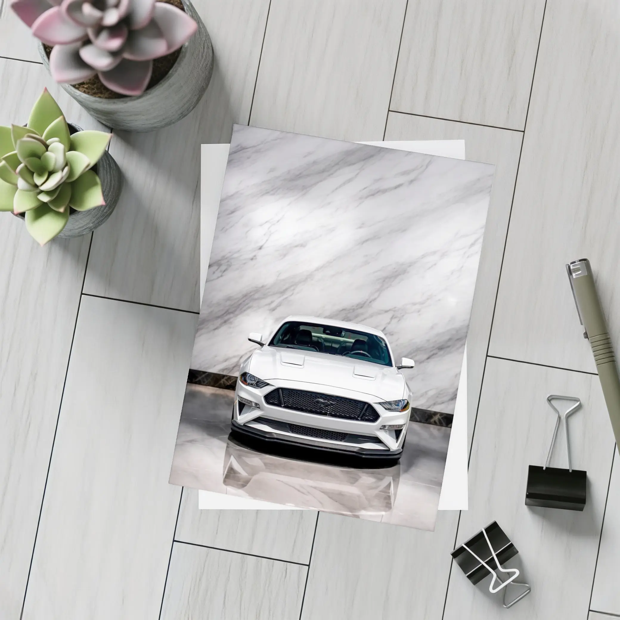 Ford Mustang White Marble Background Front View – Postcards