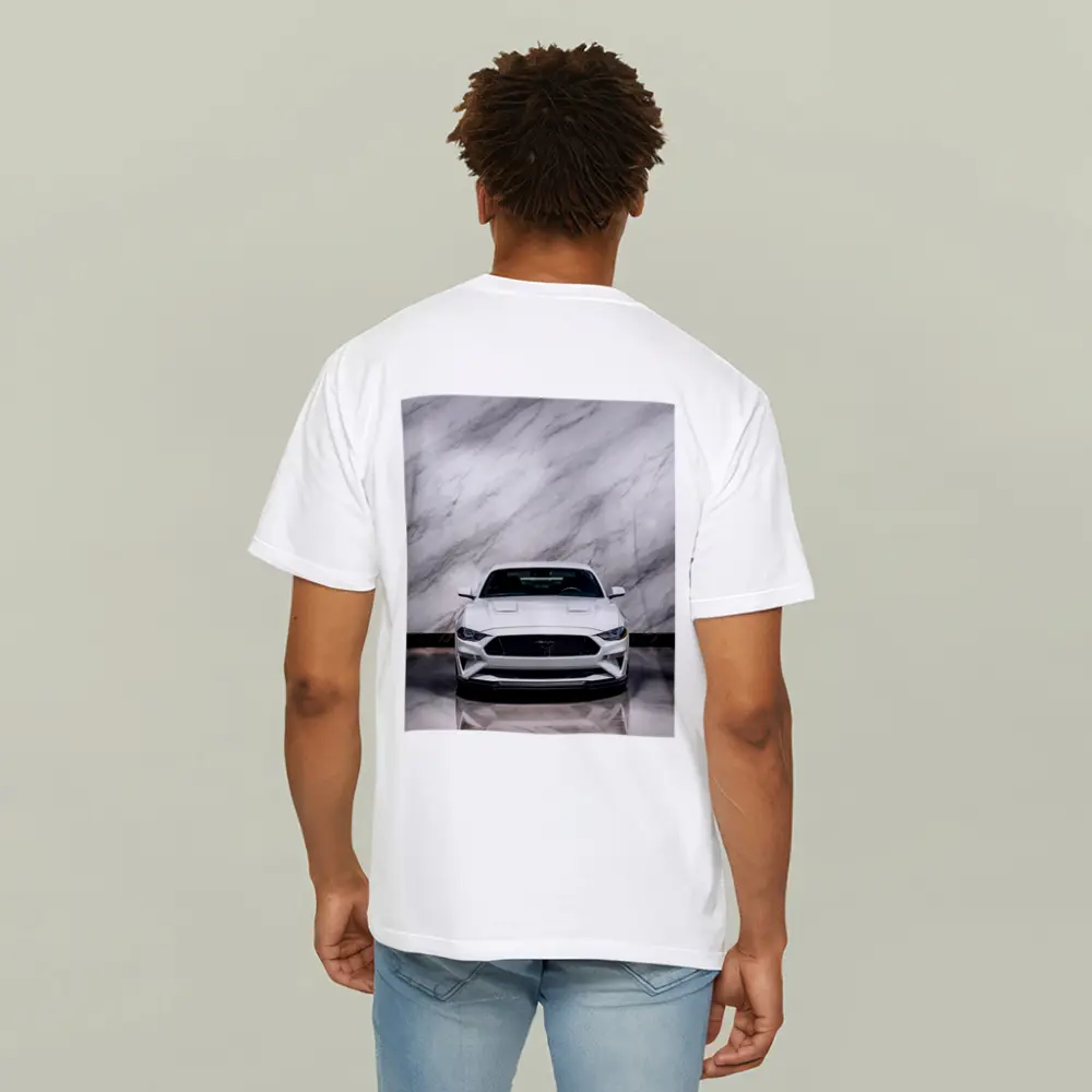 Ford Mustang White Marble Background Front View – T-Shirts