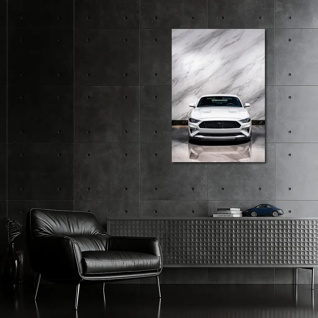 Ford Mustang White Marble Background Front View – Wall Art