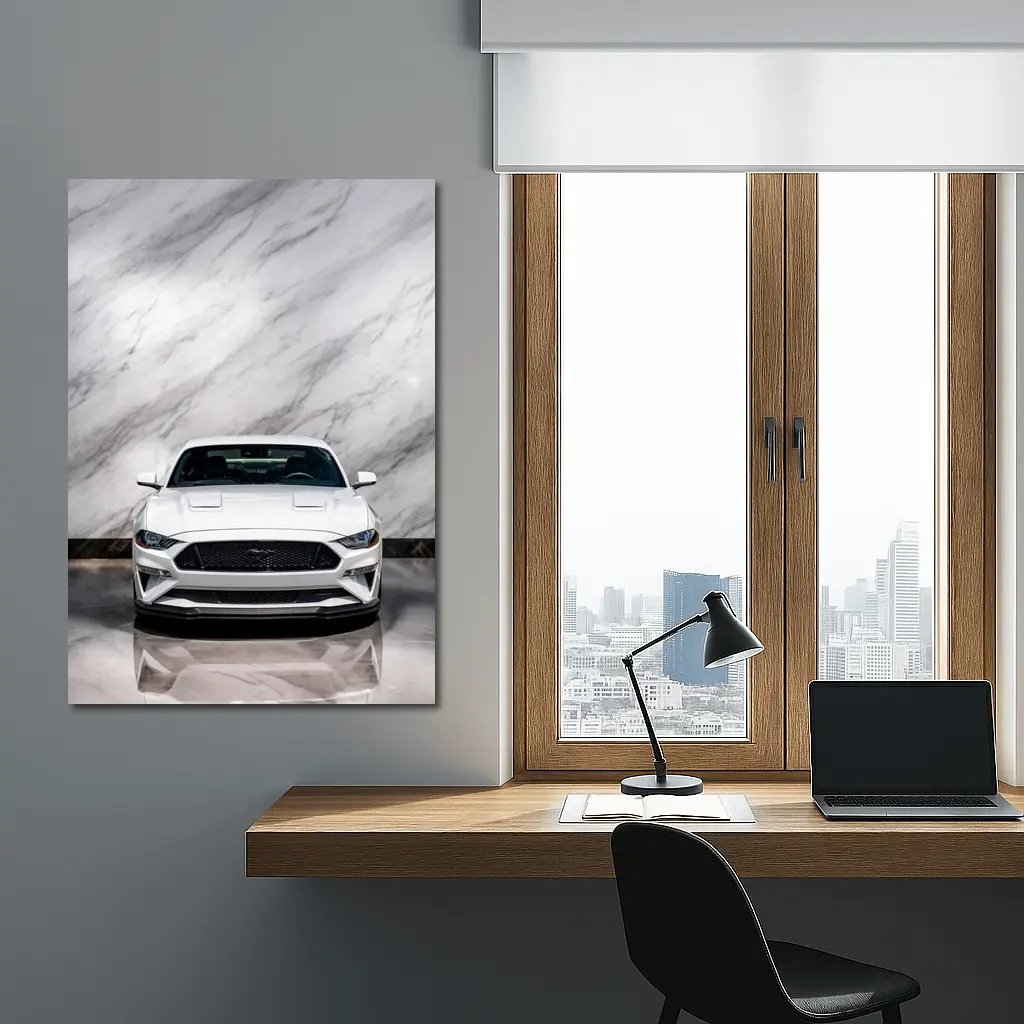Ford Mustang White Marble Background Front View – Wall Art