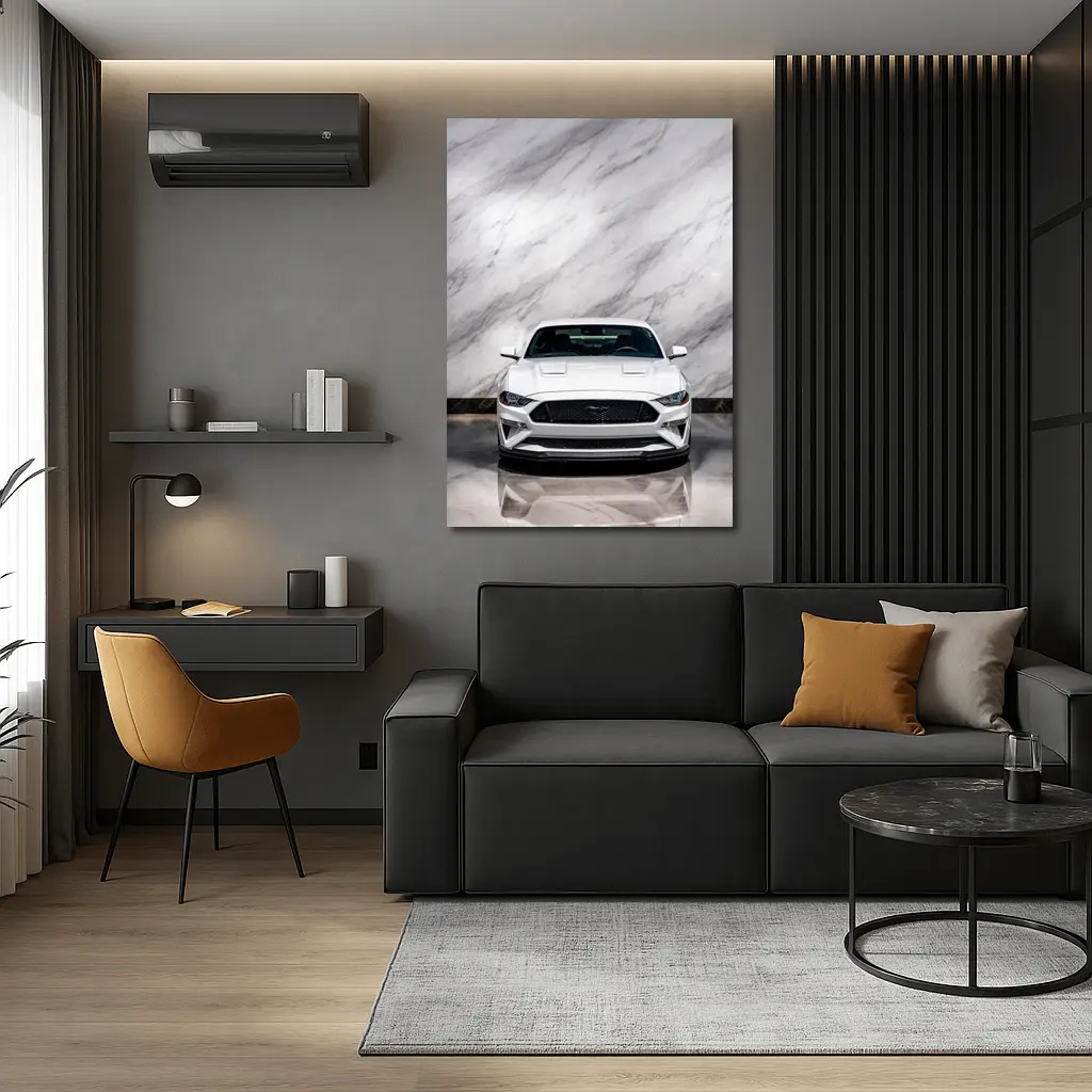 Ford Mustang White Marble Background Front View – Wall Art