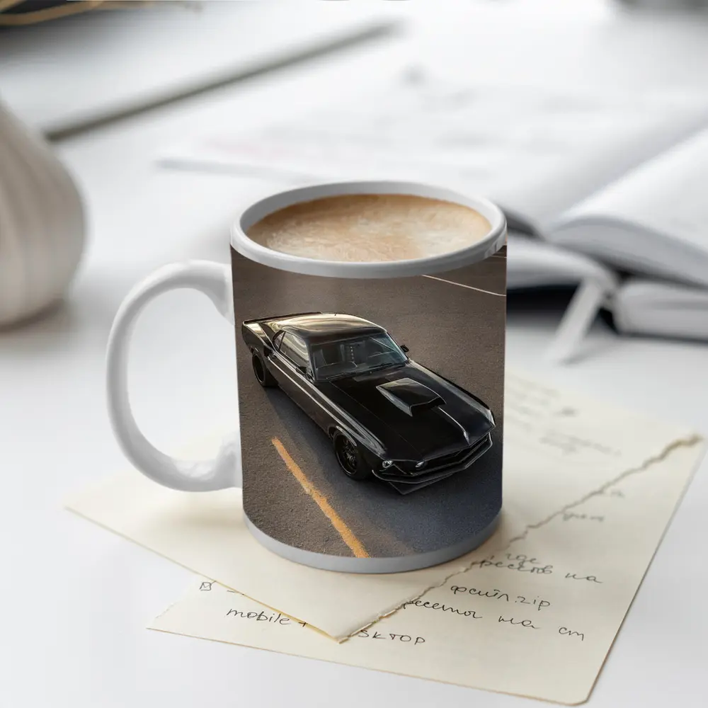 Black Ford Mustang Classic Car Sunset – Mugs