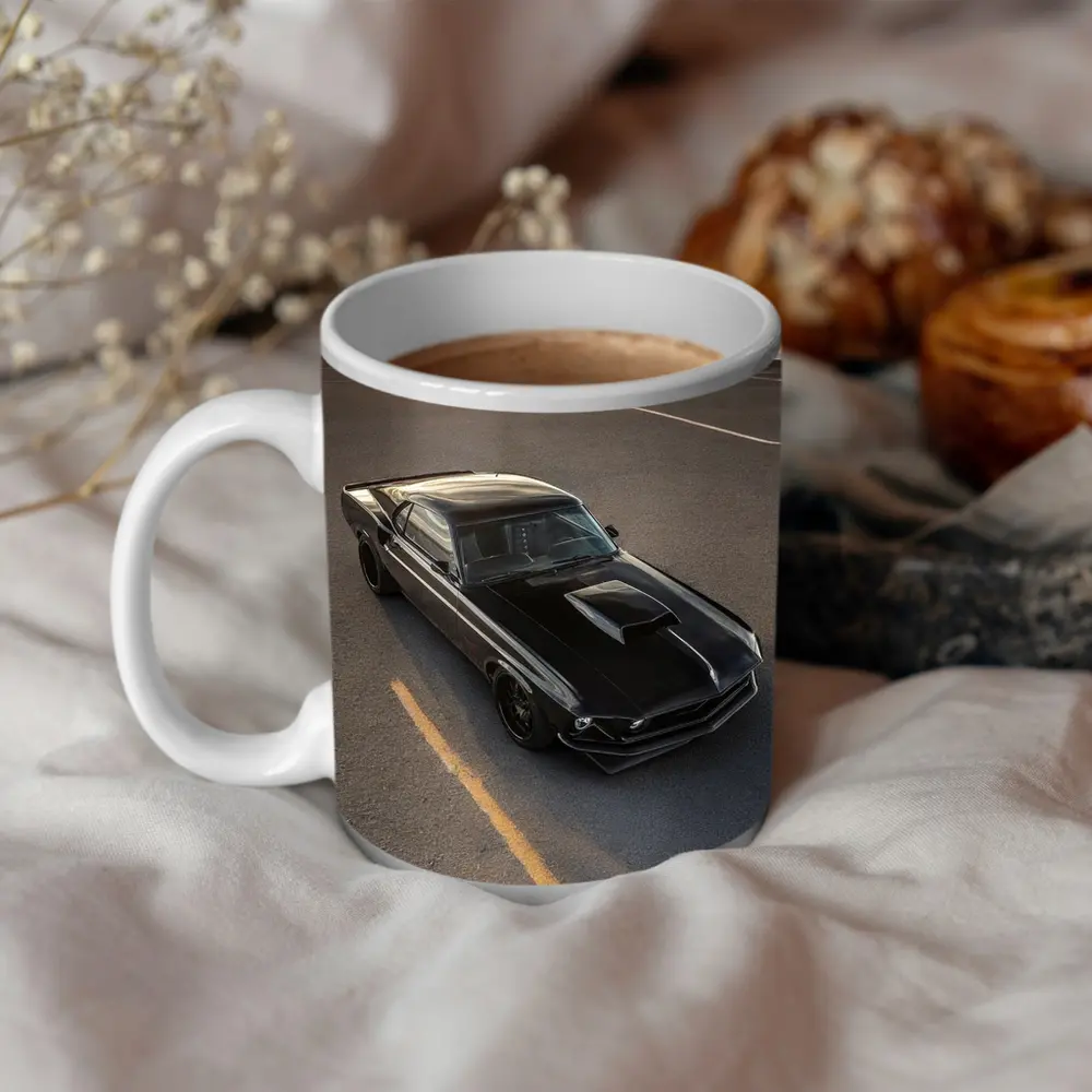 Black Ford Mustang Classic Car Sunset – Mugs