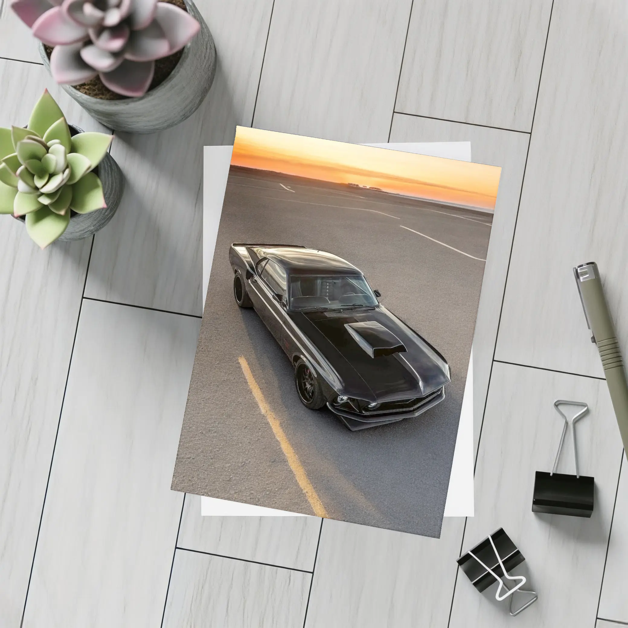 Black Ford Mustang Classic Car Sunset – Postcards