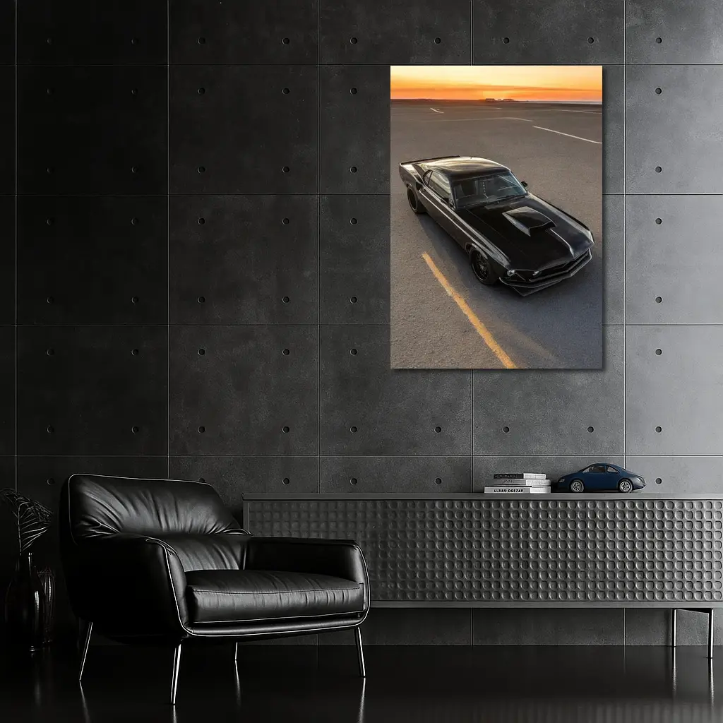 Black Ford Mustang Classic Car Sunset – Wall Art