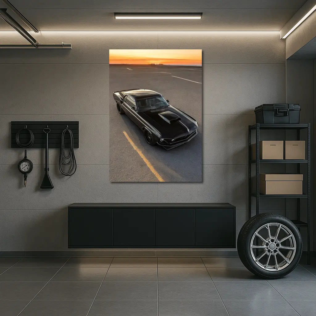 Black Ford Mustang Classic Car Sunset – Wall Art