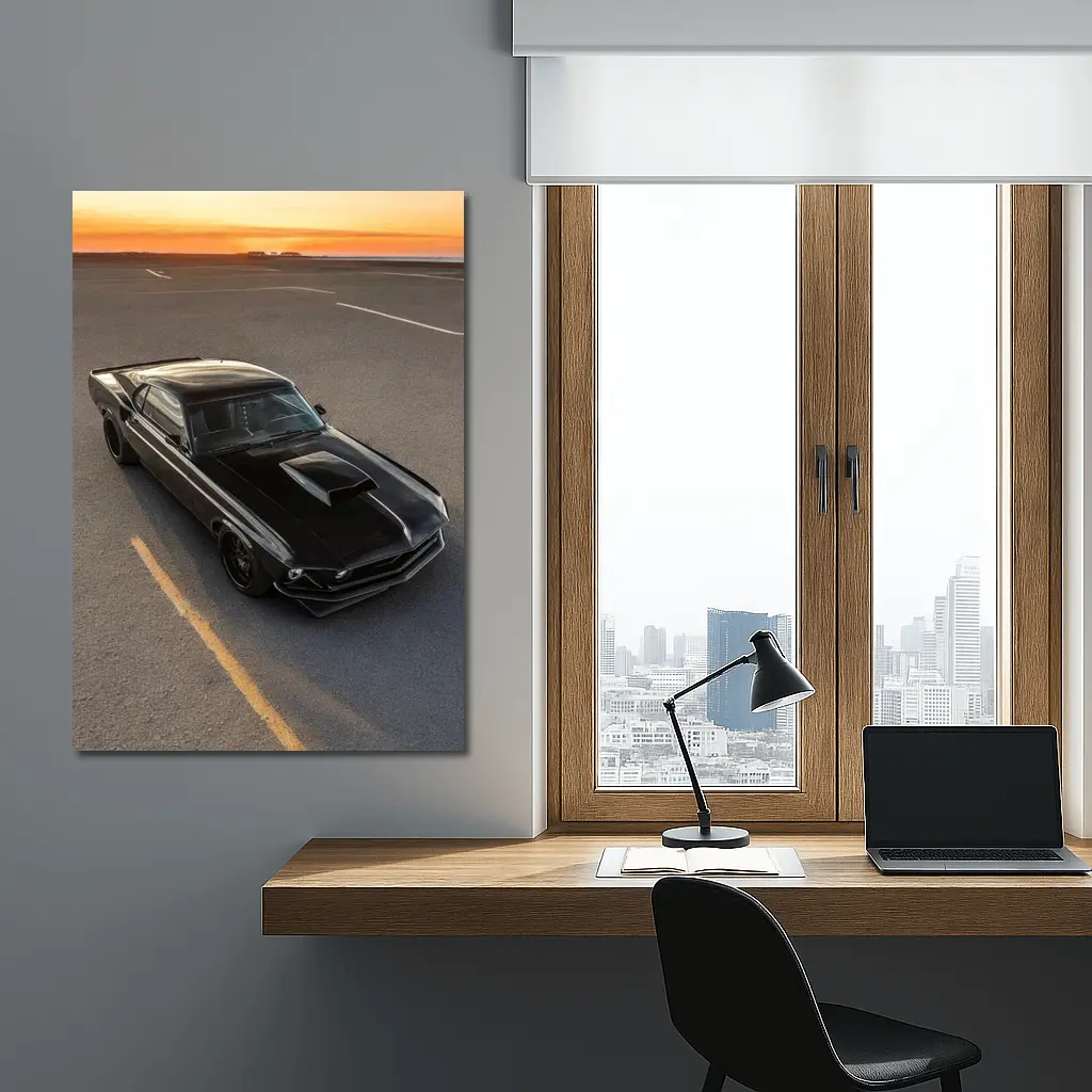 Black Ford Mustang Classic Car Sunset – Wall Art