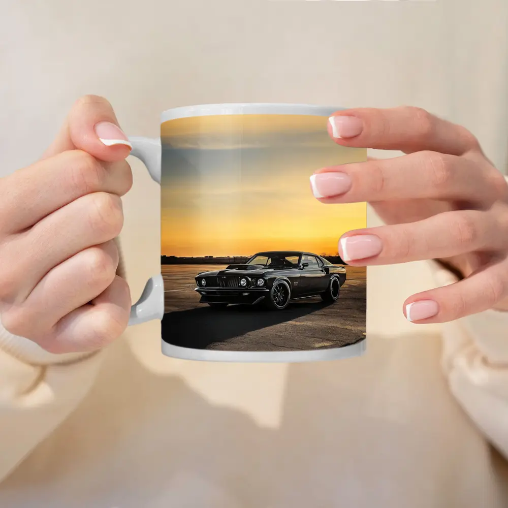 Ford Mustang Black Classic Car Sunset Sky – Mugs