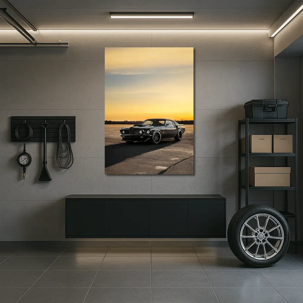 Ford Mustang Black Classic Car Sunset Sky – Wall Art