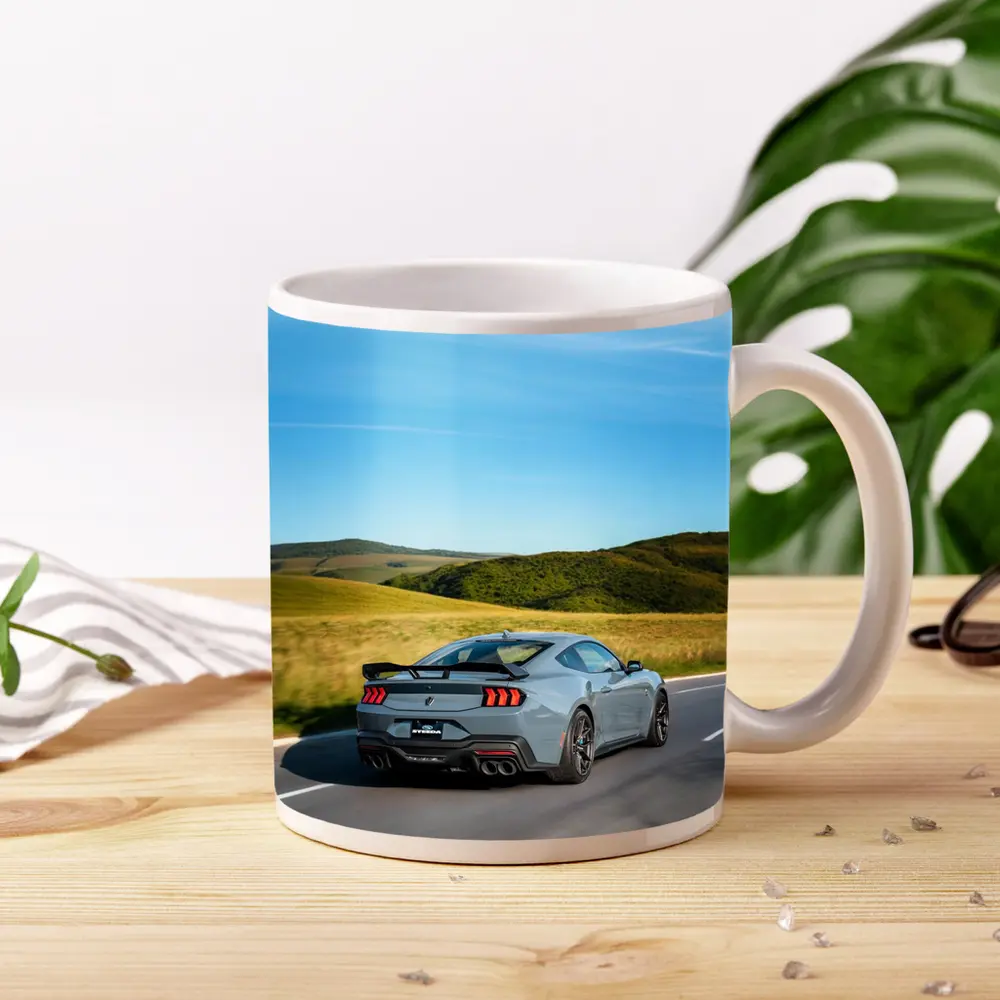 Ford Mustang Gray Coupe Rolling Country Road – Mugs