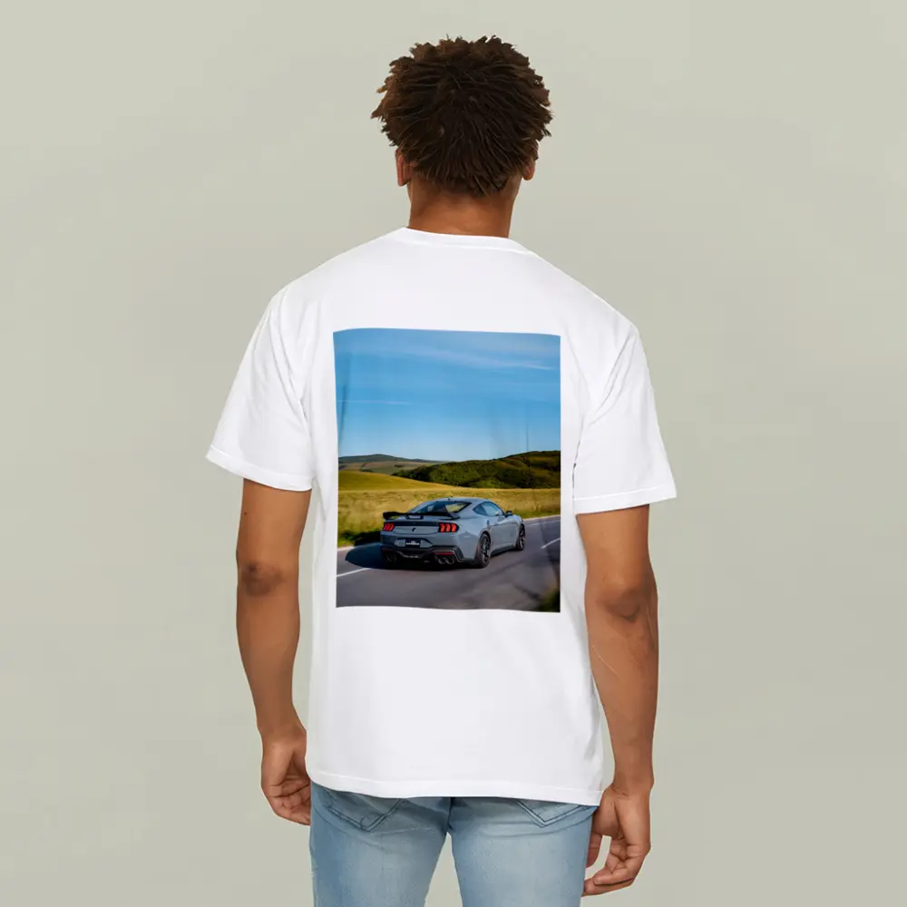 Ford Mustang Gray Coupe Rolling Country Road – T-Shirts