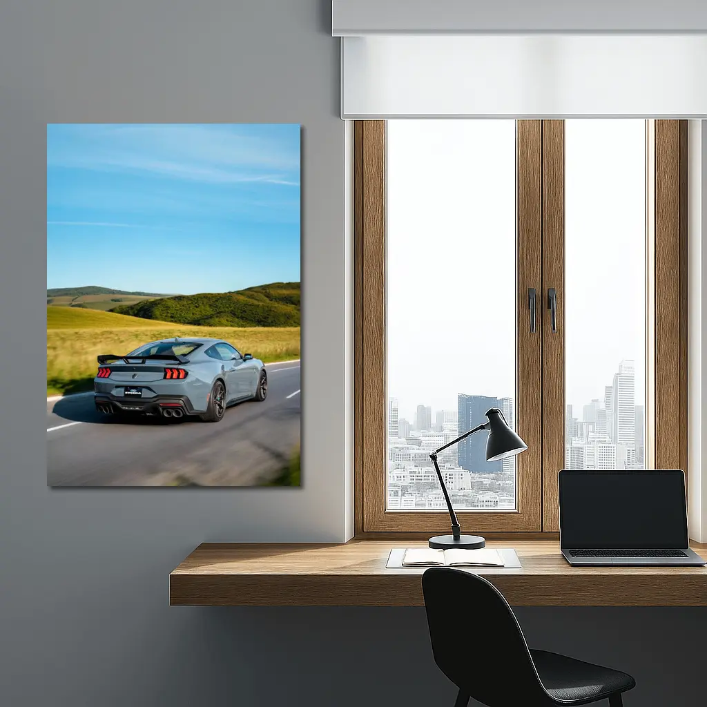 Ford Mustang Gray Coupe Rolling Country Road – Wall Art