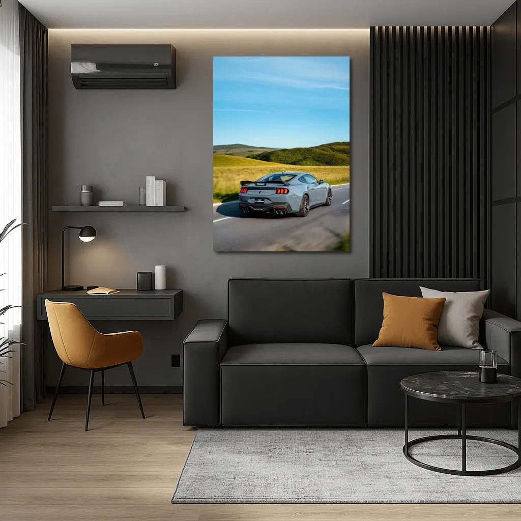 Ford Mustang Gray Coupe Rolling Country Road – Wall Art