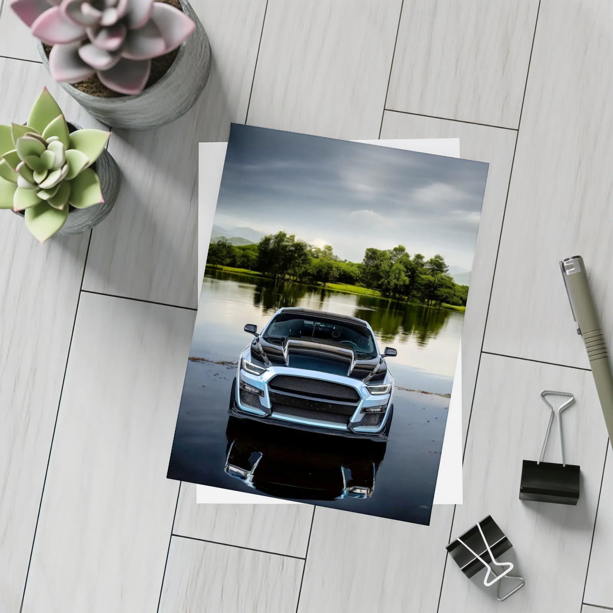 Ford Mustang Black Front Lake Reflection – Postcards
