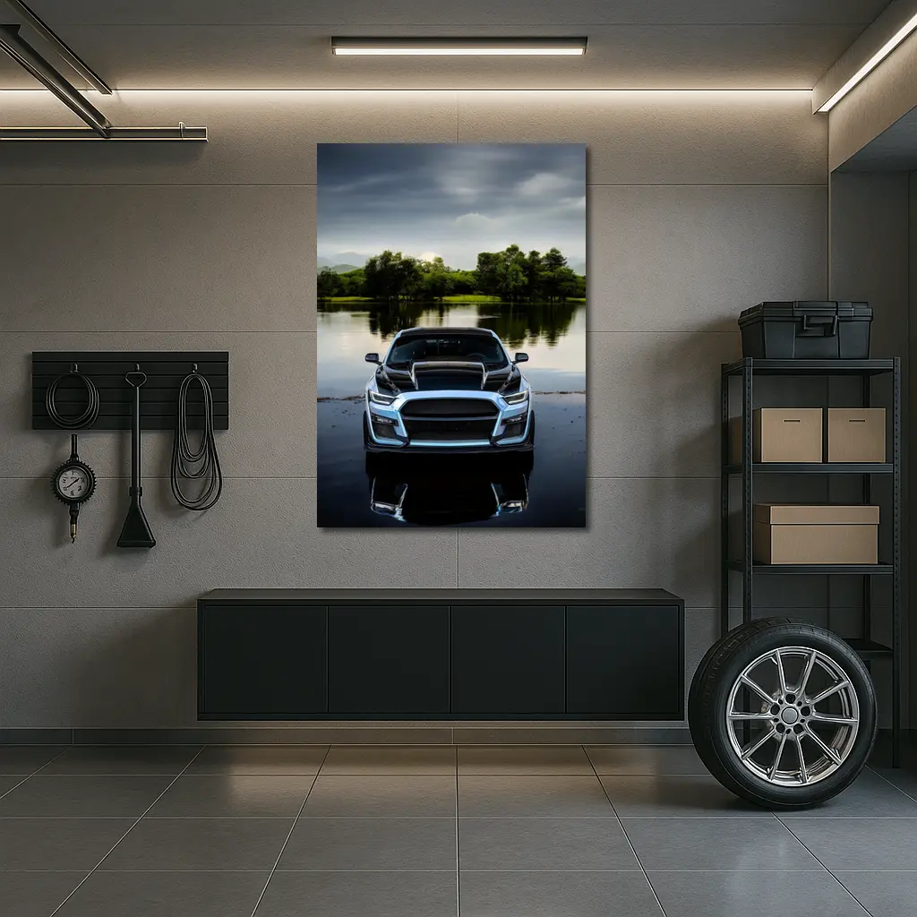 Ford Mustang Black Front Lake Reflection – Wall Art