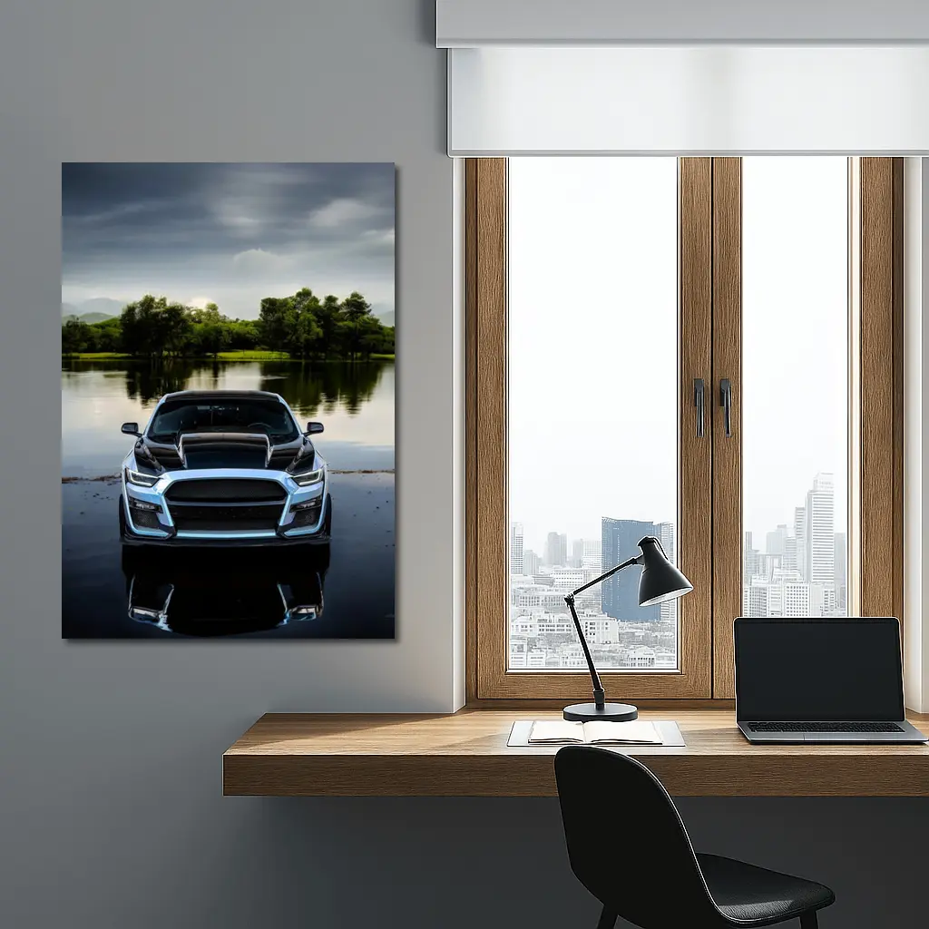 Ford Mustang Black Front Lake Reflection – Wall Art