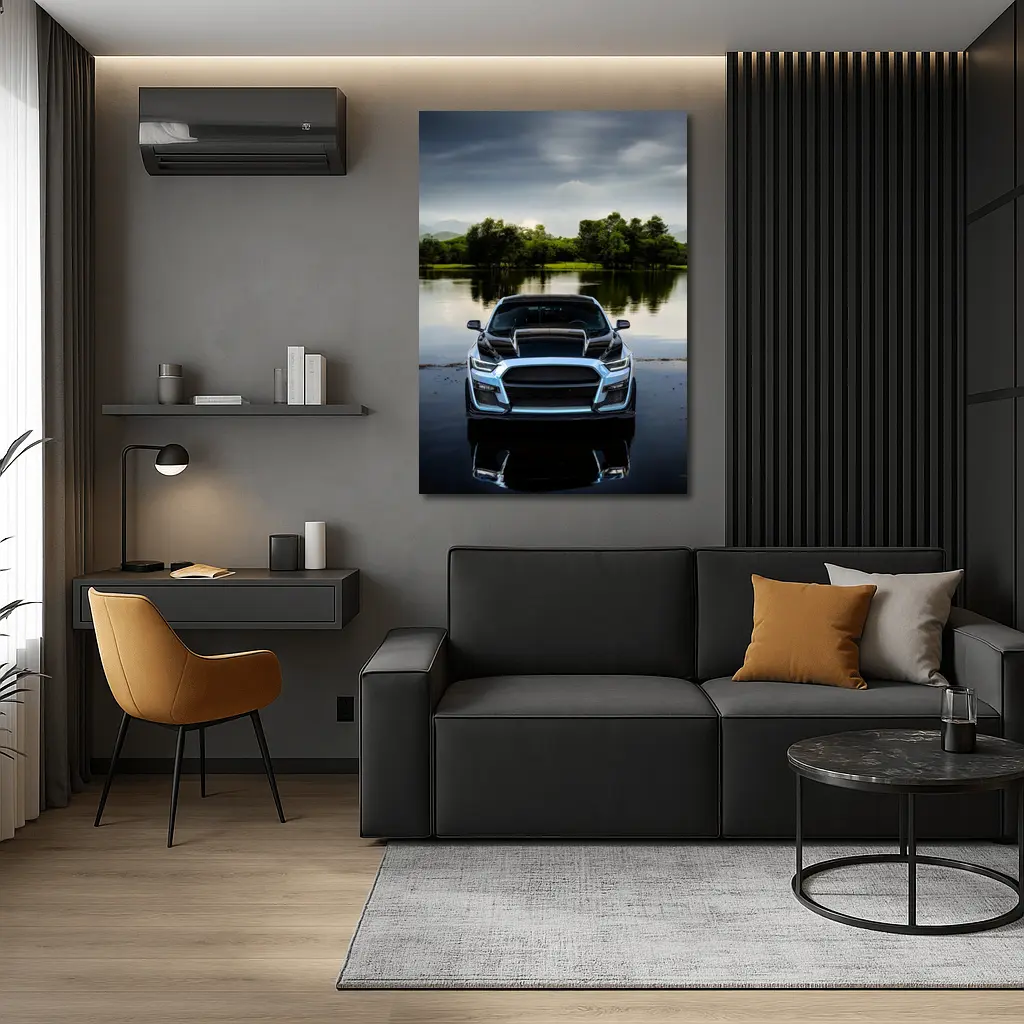 Ford Mustang Black Front Lake Reflection – Wall Art