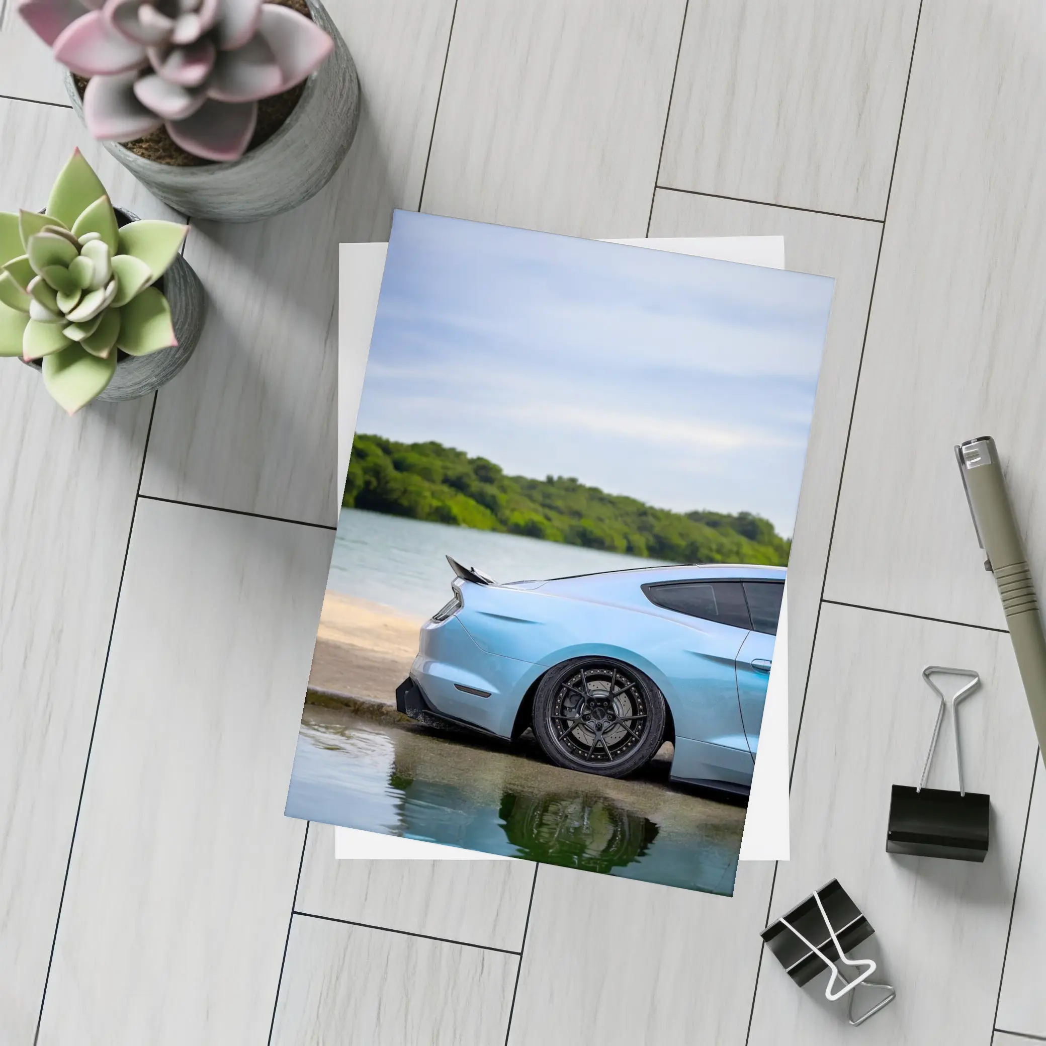 Ford Mustang Light Blue Waterfront Shore – Postcards