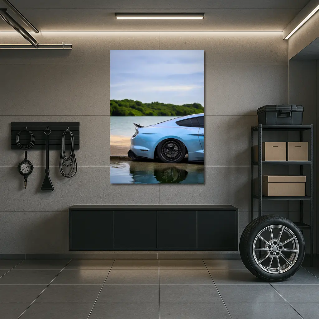 Ford Mustang Light Blue Waterfront Shore – Wall Art