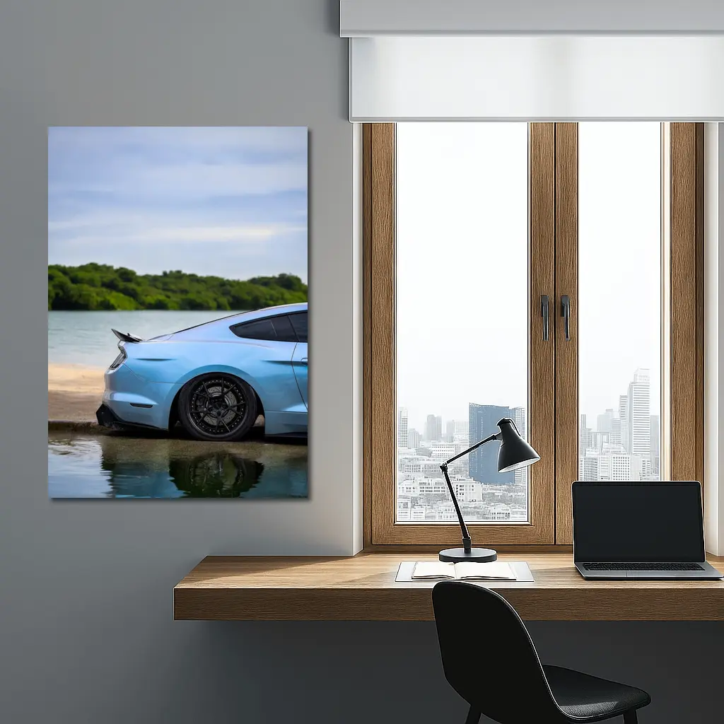 Ford Mustang Light Blue Waterfront Shore – Wall Art