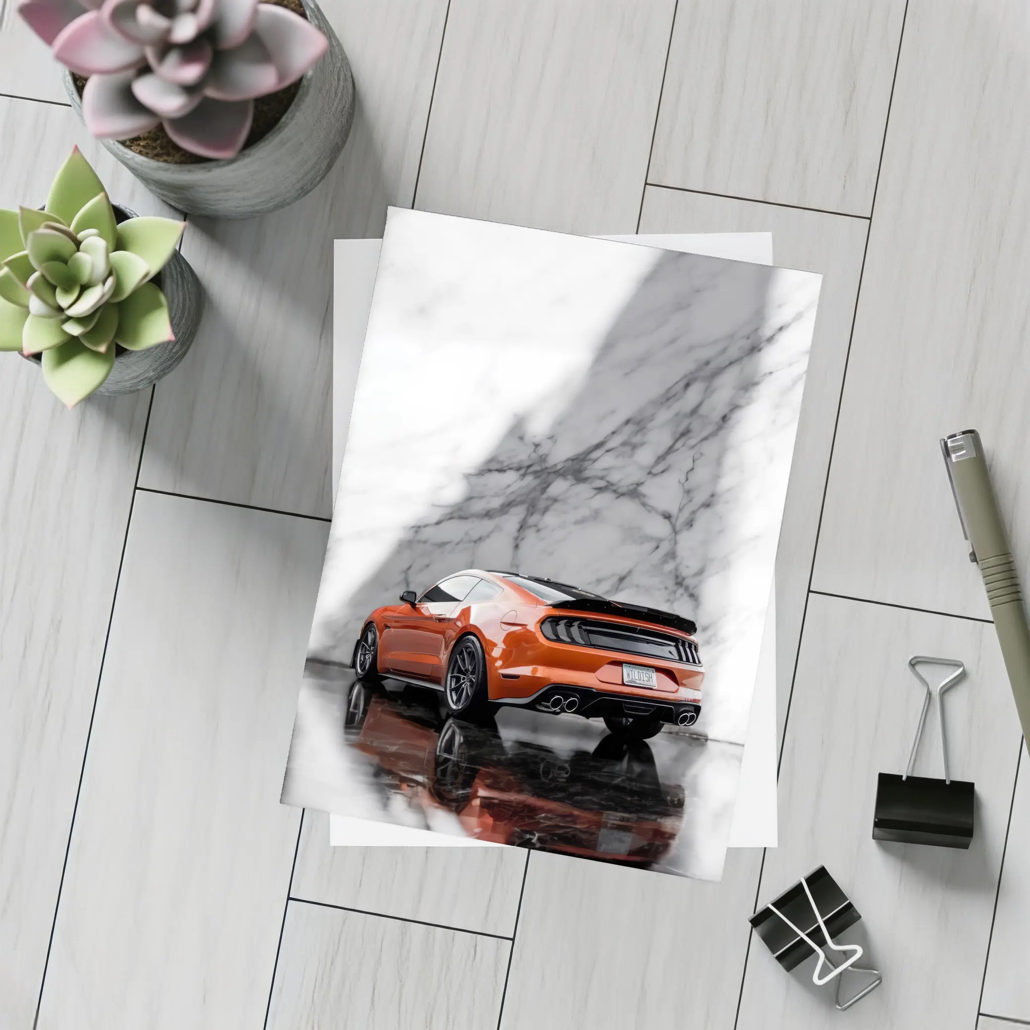 Ford Mustang Orange Against Marble Wall – Postcards