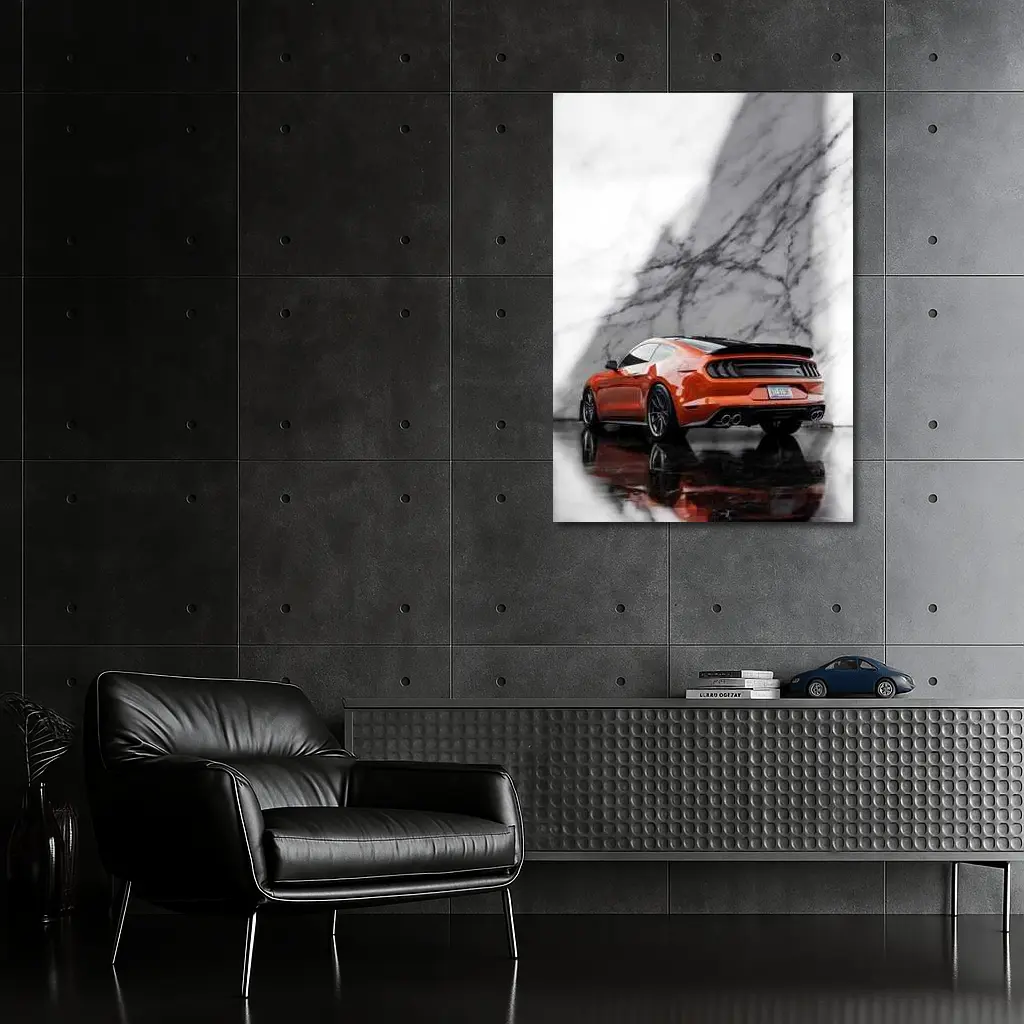 Ford Mustang Orange Against Marble Wall – Wall Art