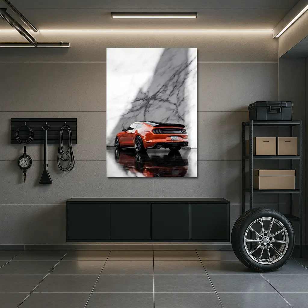Ford Mustang Orange Against Marble Wall – Wall Art