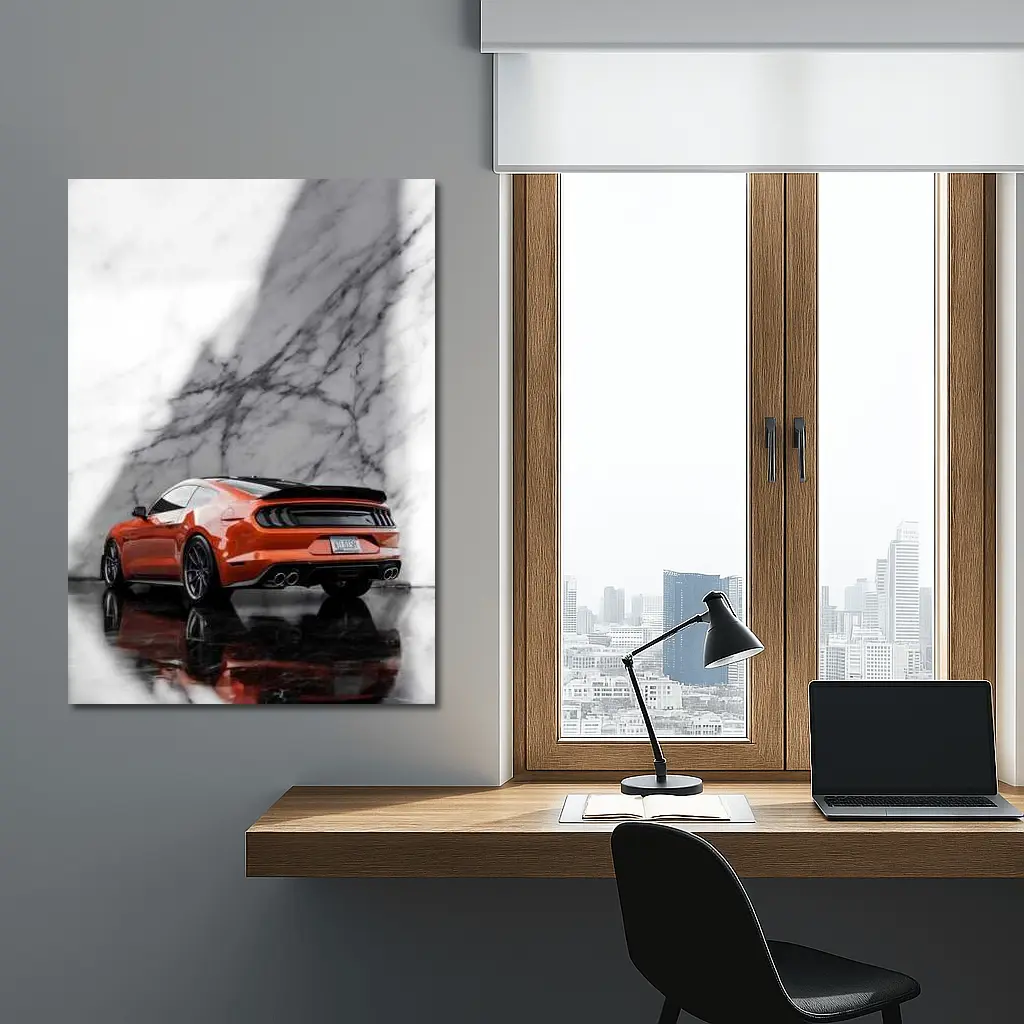 Ford Mustang Orange Against Marble Wall – Wall Art