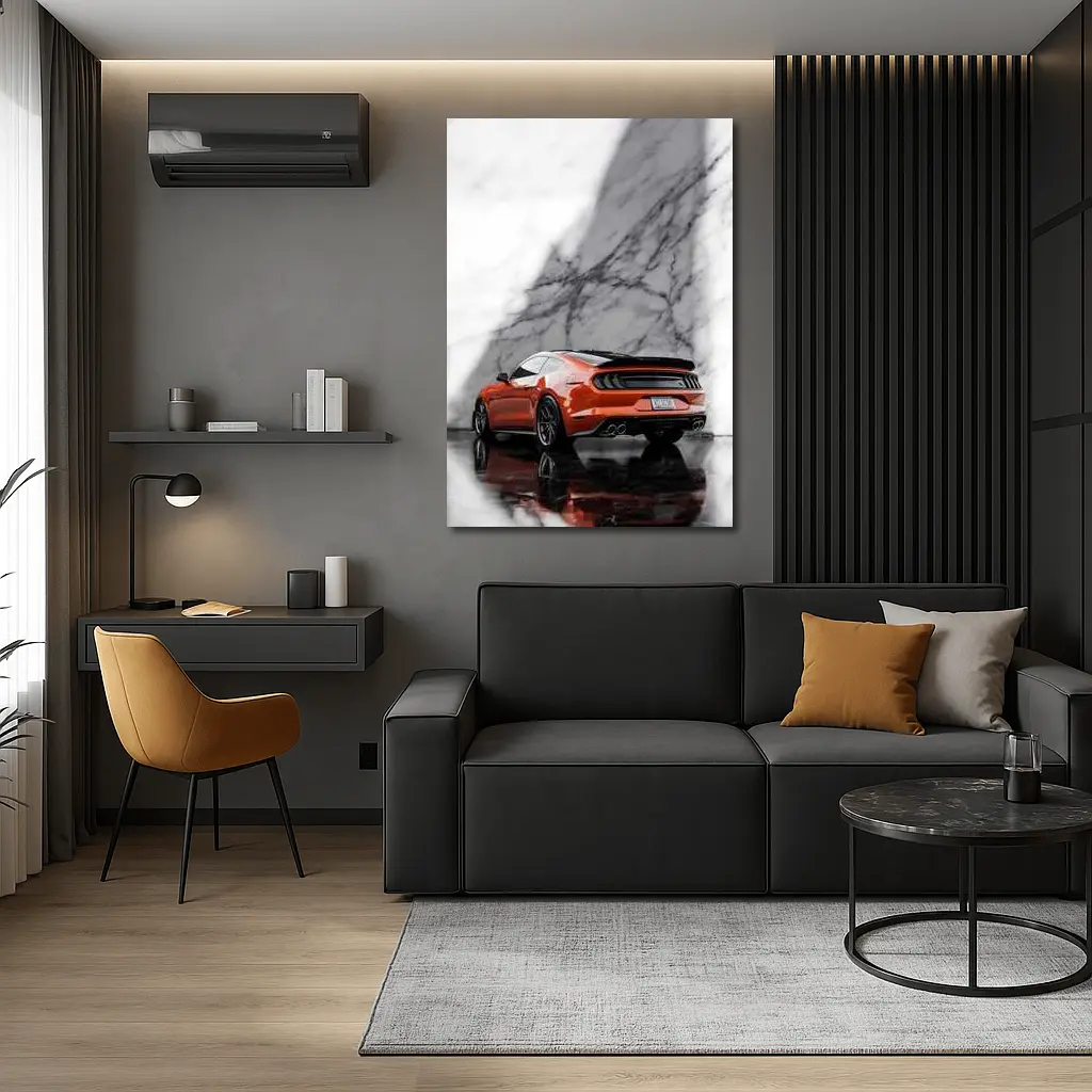 Ford Mustang Orange Against Marble Wall – Wall Art