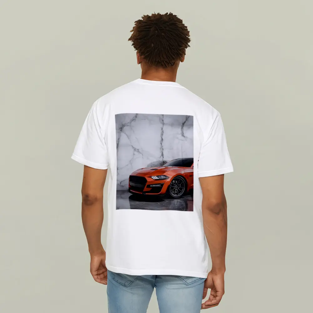 Ford Mustang Orange Marble Background Wall Art – T-Shirts