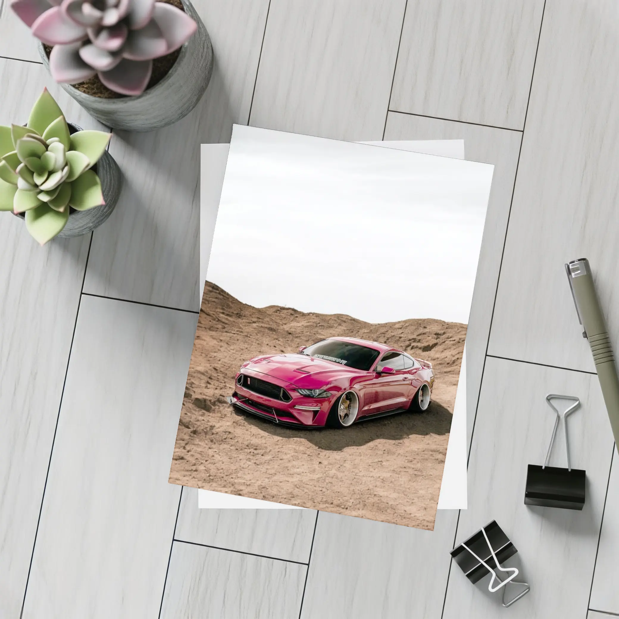 Ford Mustang Pink Desert Sandy Landscape – Postcards