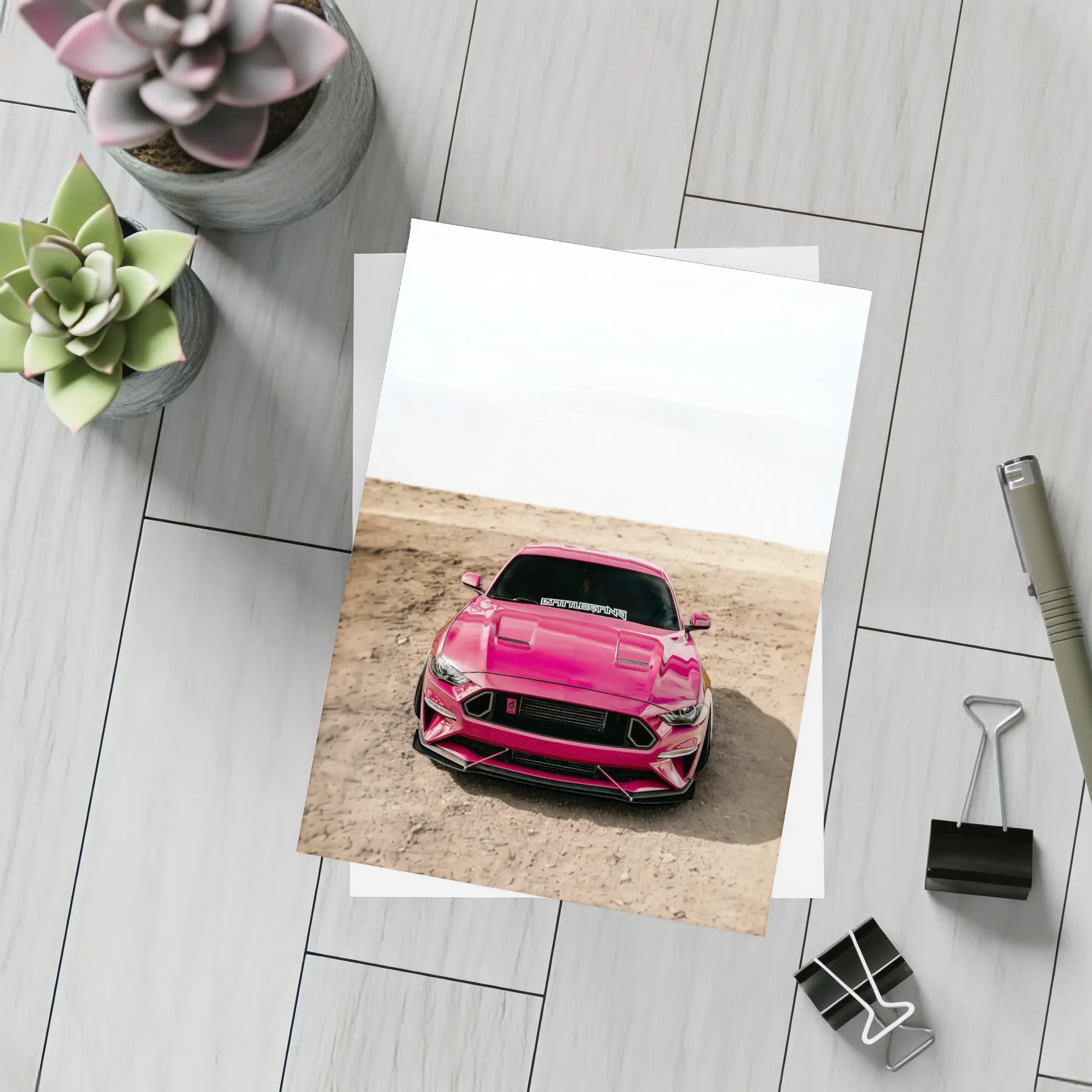 Pink Ford Mustang Desert Sandy Ground – Postcards