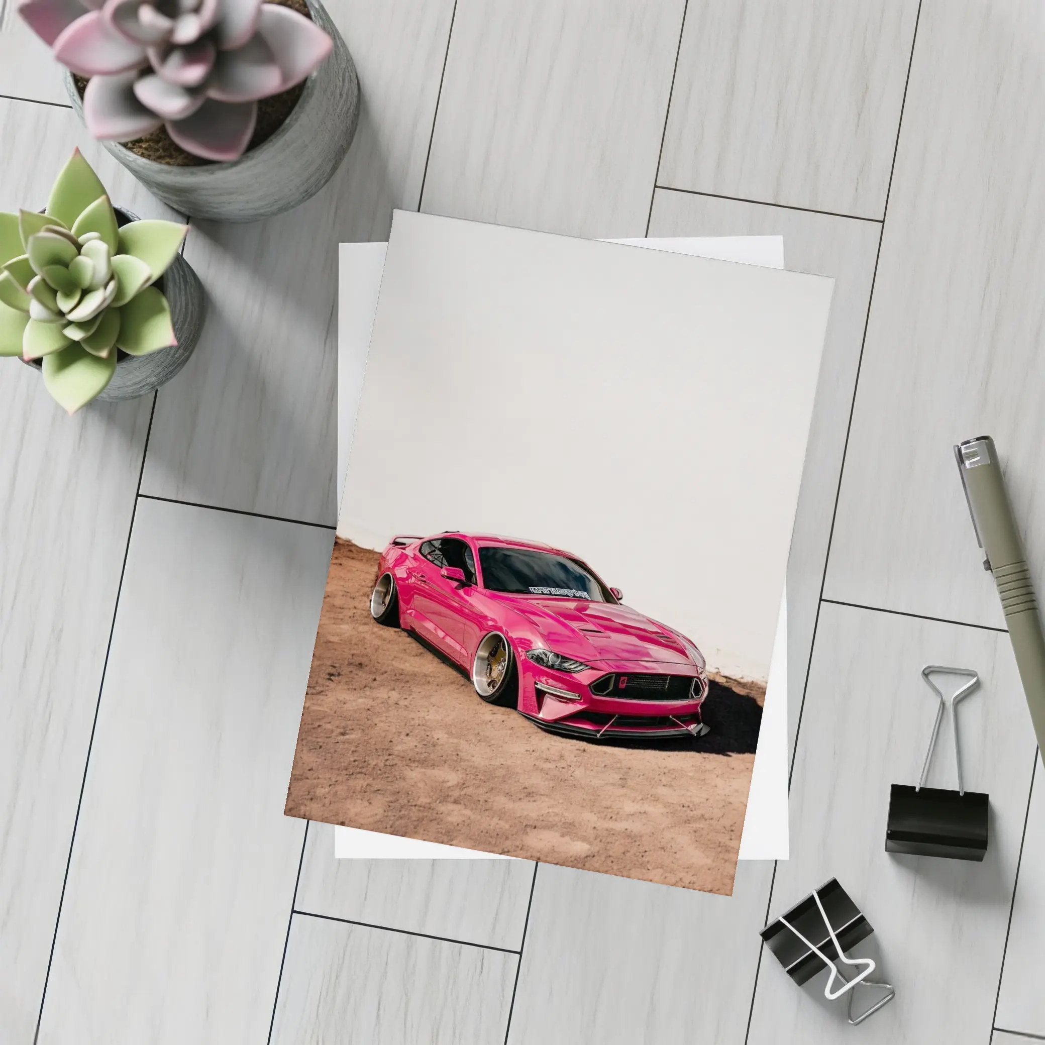 Pink Ford Mustang Slammed Wide Body Desert – Postcards