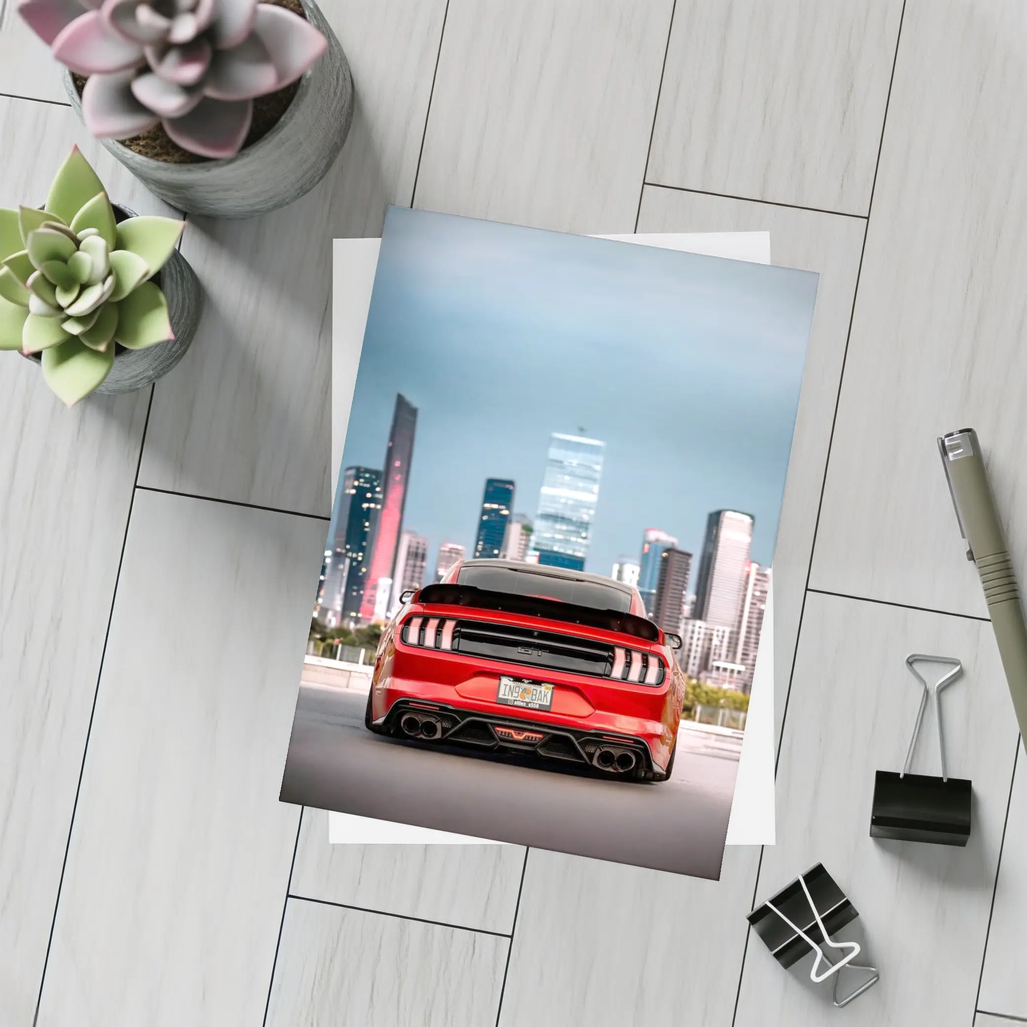 Ford Mustang Red Rear City Skyline – Postcards