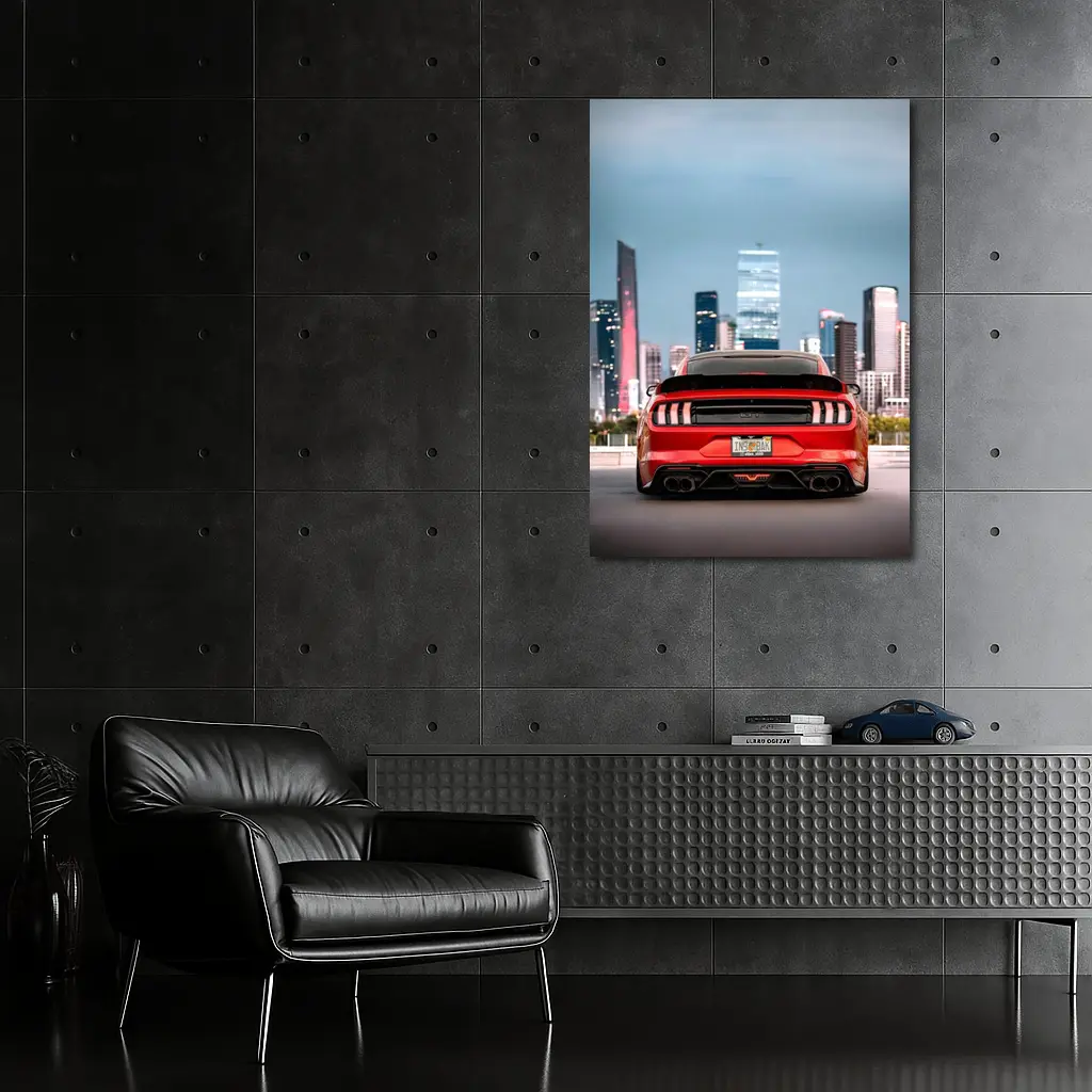 Ford Mustang Red Rear City Skyline – Wall Art