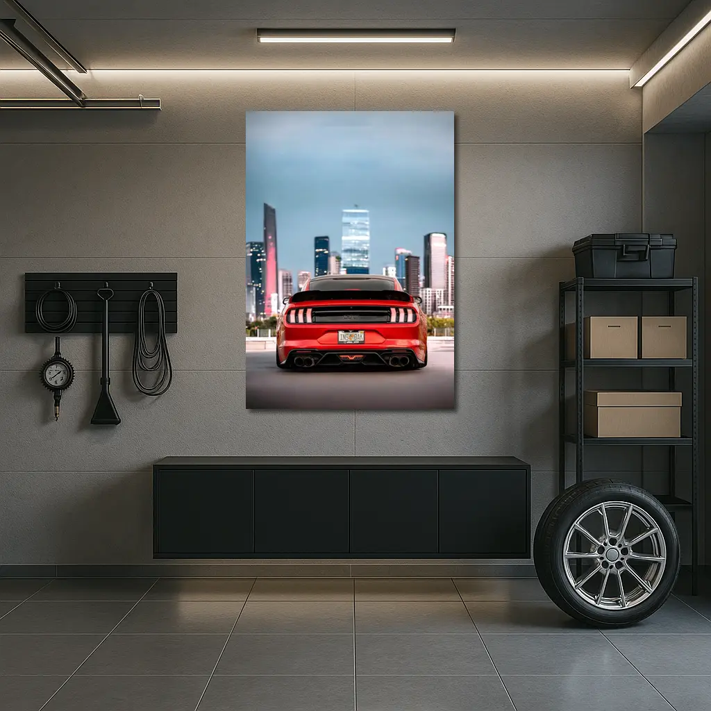 Ford Mustang Red Rear City Skyline – Wall Art