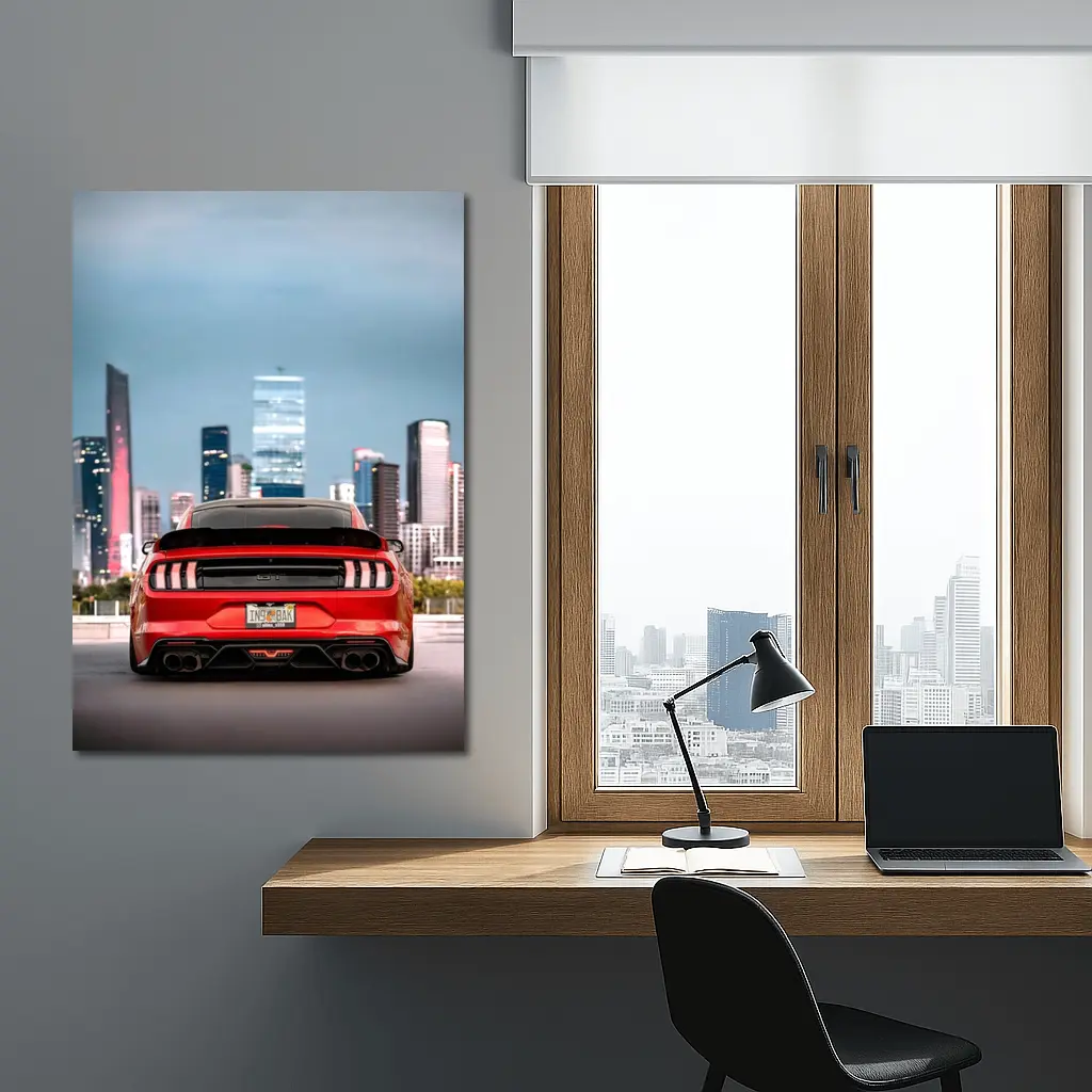 Ford Mustang Red Rear City Skyline – Wall Art