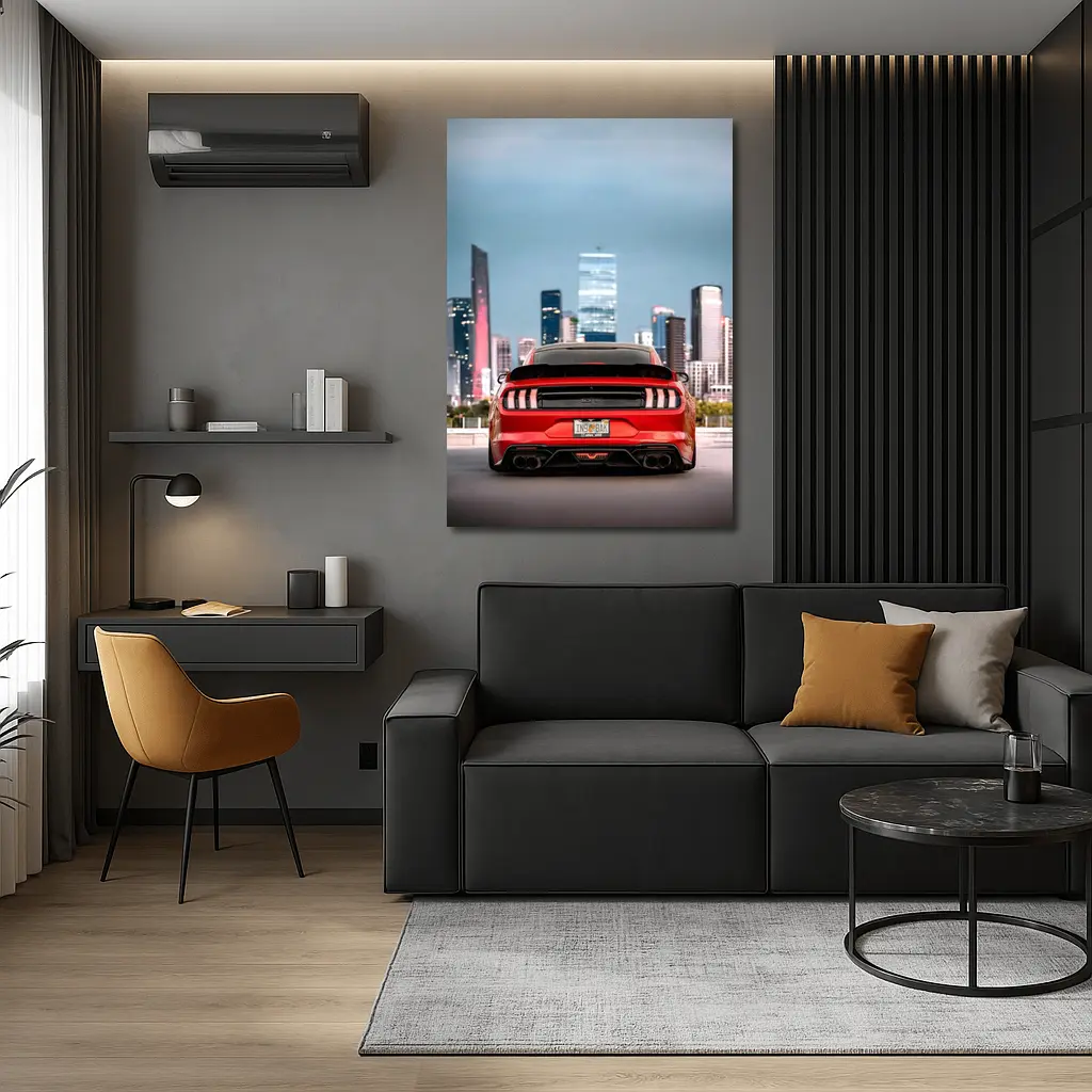 Ford Mustang Red Rear City Skyline – Wall Art