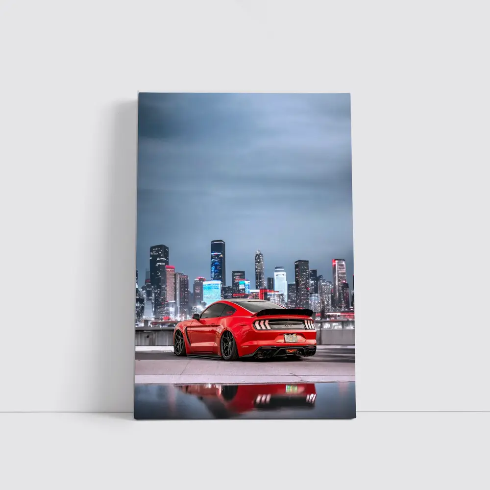 Ford Mustang Red Sports Car City Skyline – Wall Art