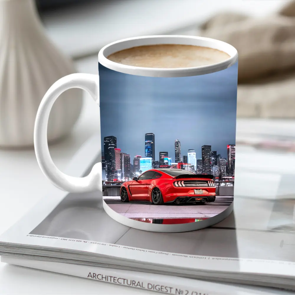 Ford Mustang Red Sports Car City Skyline – Mugs